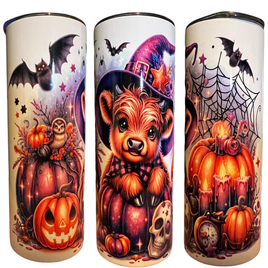 20oz tumblers with Halloween Highland cow and pumpkin