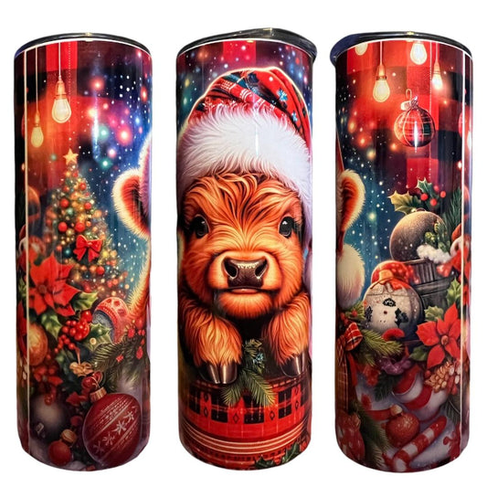 20oz tumbler with Christmas Highland cow design