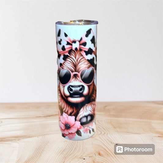 20oz tumbler with Black and Pink Highland cow design