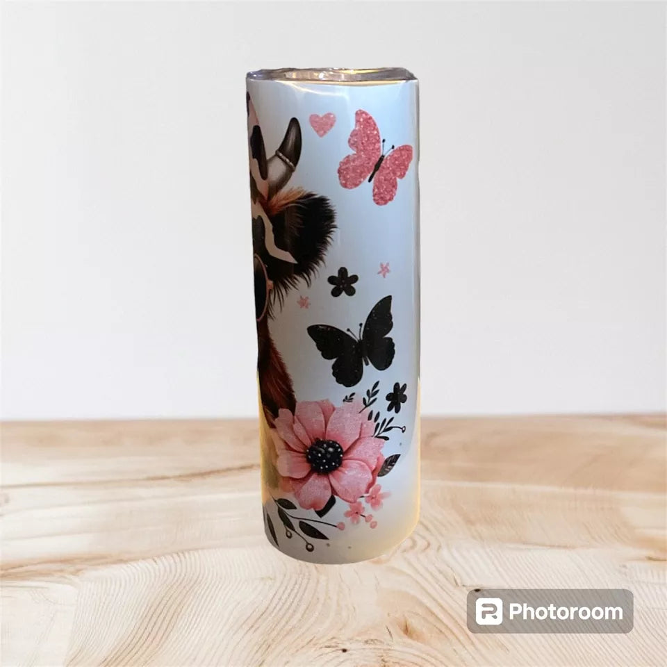 20oz tumbler with Black and Pink Highland cow design