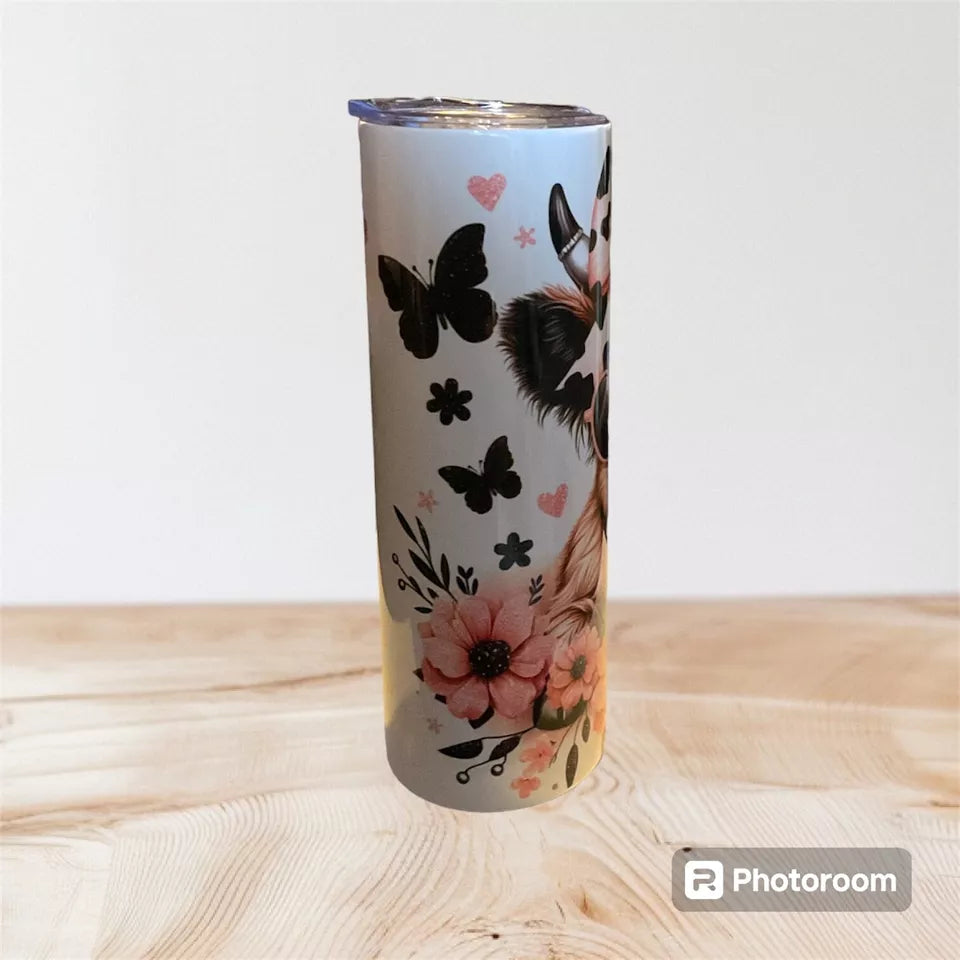 20oz tumbler with Black and Pink Highland cow design