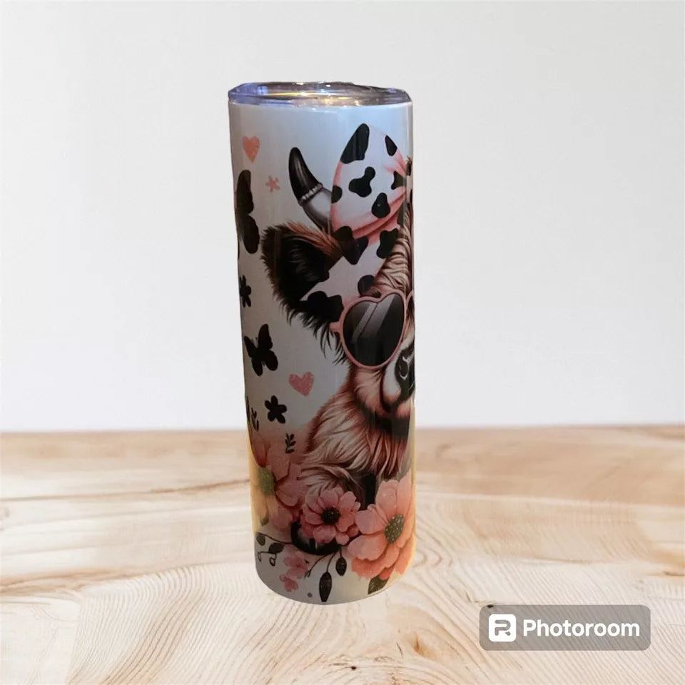 20oz tumbler with Black and Pink Highland cow design